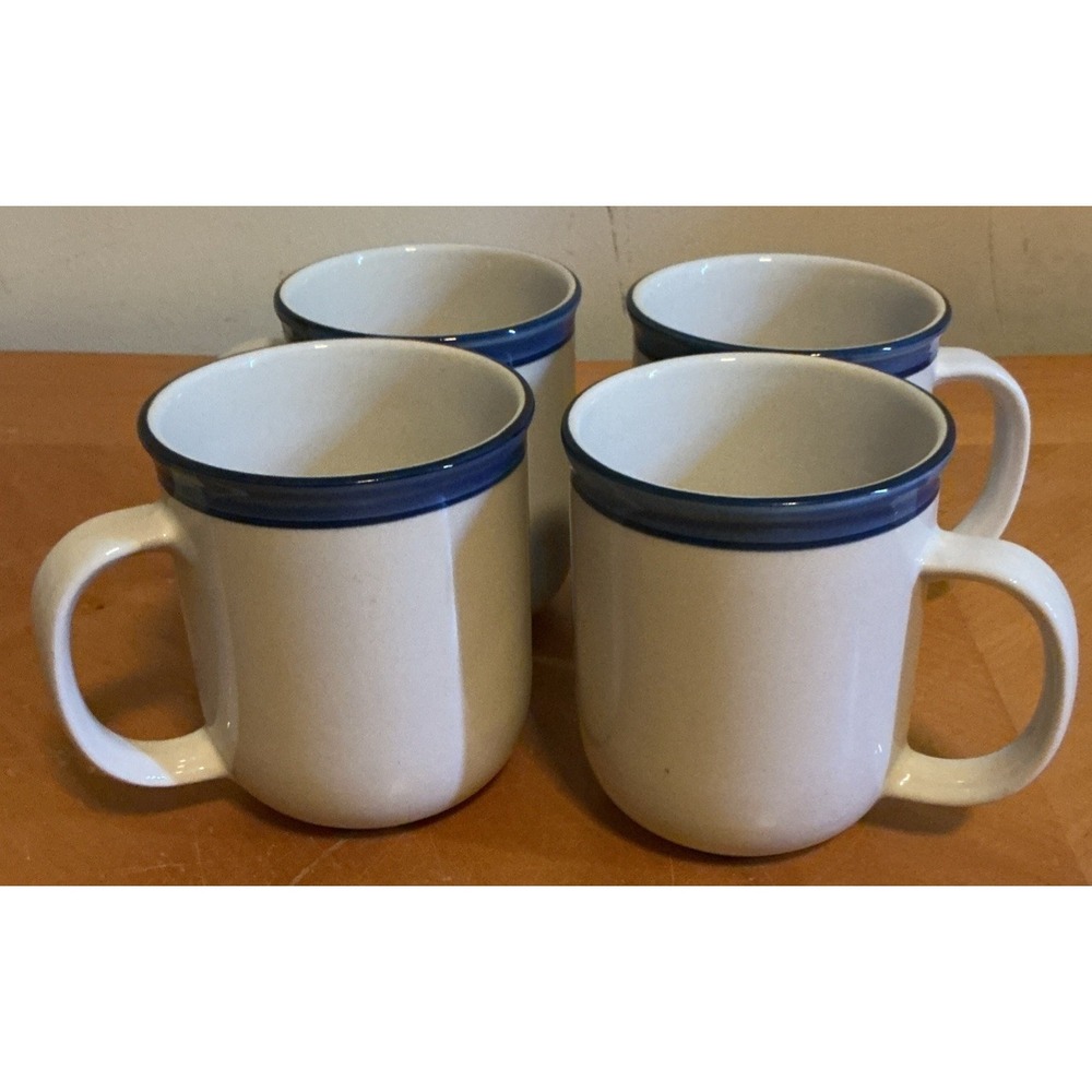 Set Of 4 Hand Painted Casuals Coffee Mugs, Blue Band